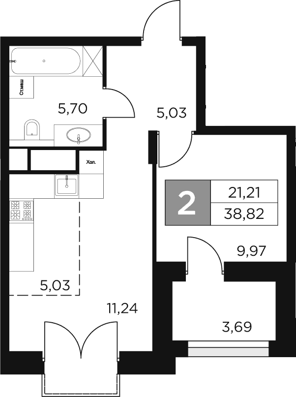 2-комн., 36.97 м², 8/8 этаж, ЖК «Восток 2»