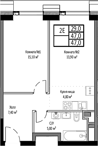 2-комн., 47 м², 9/35 этаж, ЖК «Мираполис»