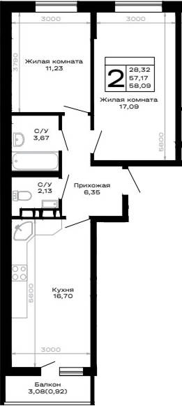 2-комн., 57.17 м², 11/16 этаж, ЖК «Горные высоты»