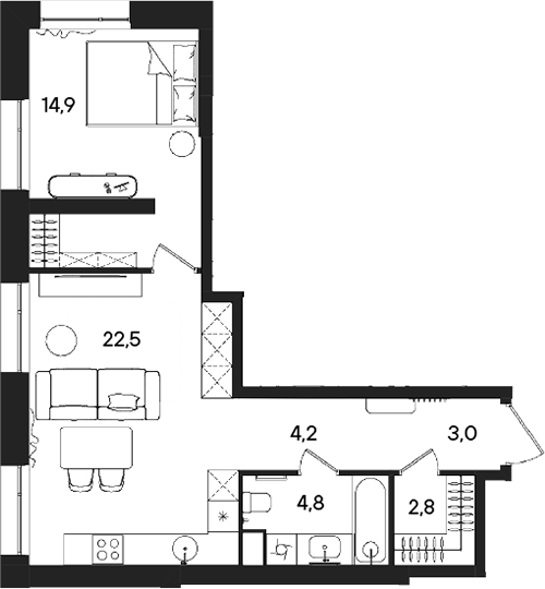 2-комн., 52.2 м², 2/28 этаж, ЖК «СТОУН Райз»