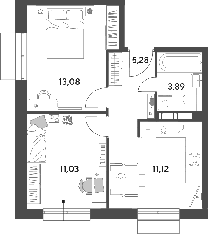 2-комн., 44.4 м², 9/15 этаж, ЖК «Публицист»