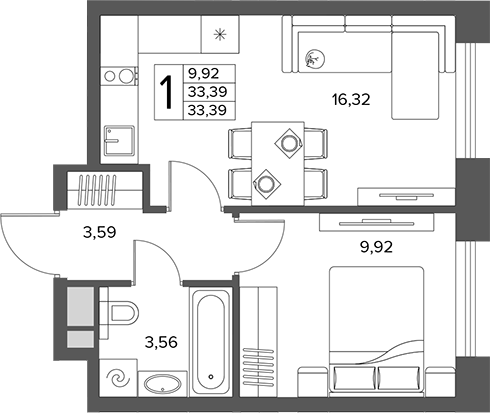 2-комн., 33.39 м², 6/14 этаж, ЖК «Городской бор»
