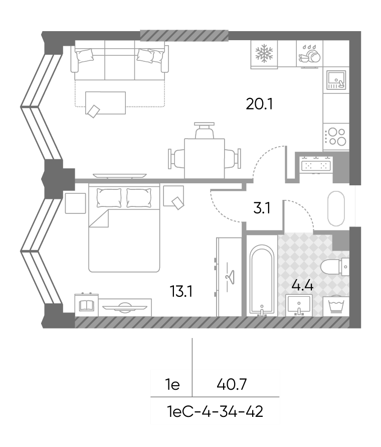2-комн., 40.7 м², 42/43 этаж, ЖК «ЗилАрт»