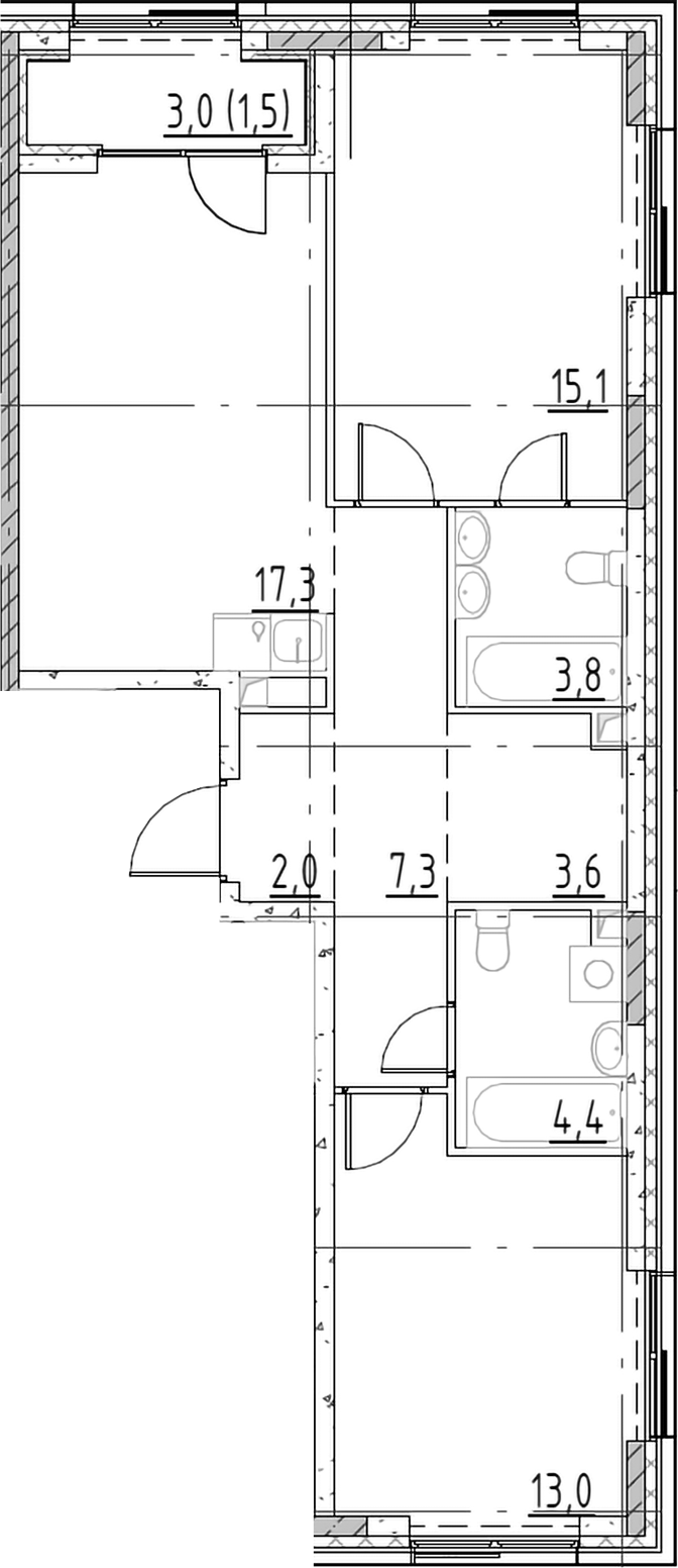 3-комн., 66.5 м², 14/19 этаж, ЖК «Шагал»