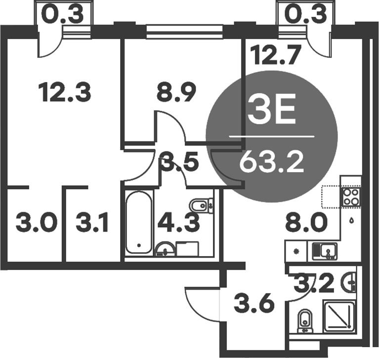 3-комн., 62.6 м², 2/6 этаж, ЖК «Равновесие»