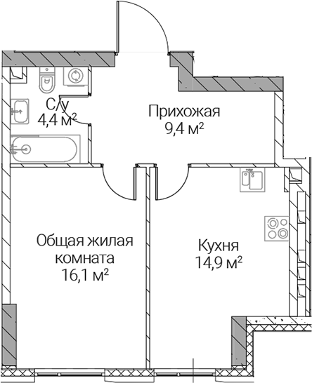 1-комн., 44.8 м², 8/36 этаж, ЖК «СЕЗАР СИЛИКА»