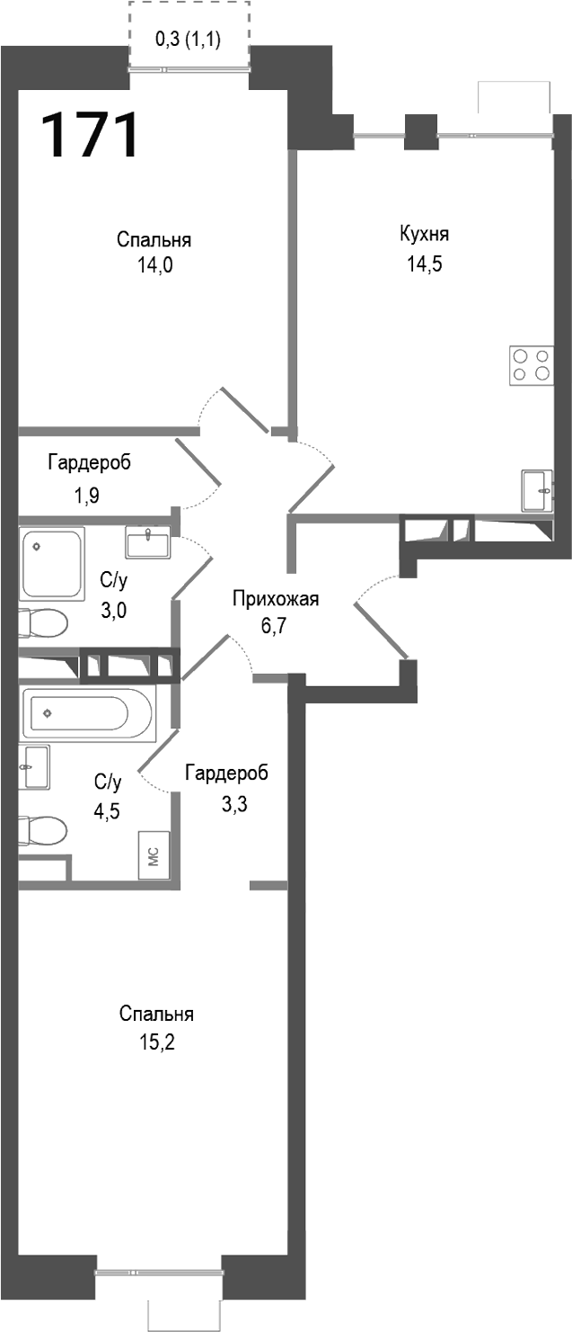 2-комн., 63.1 м², 3/8 этаж, ЖК «Киноквартал»
