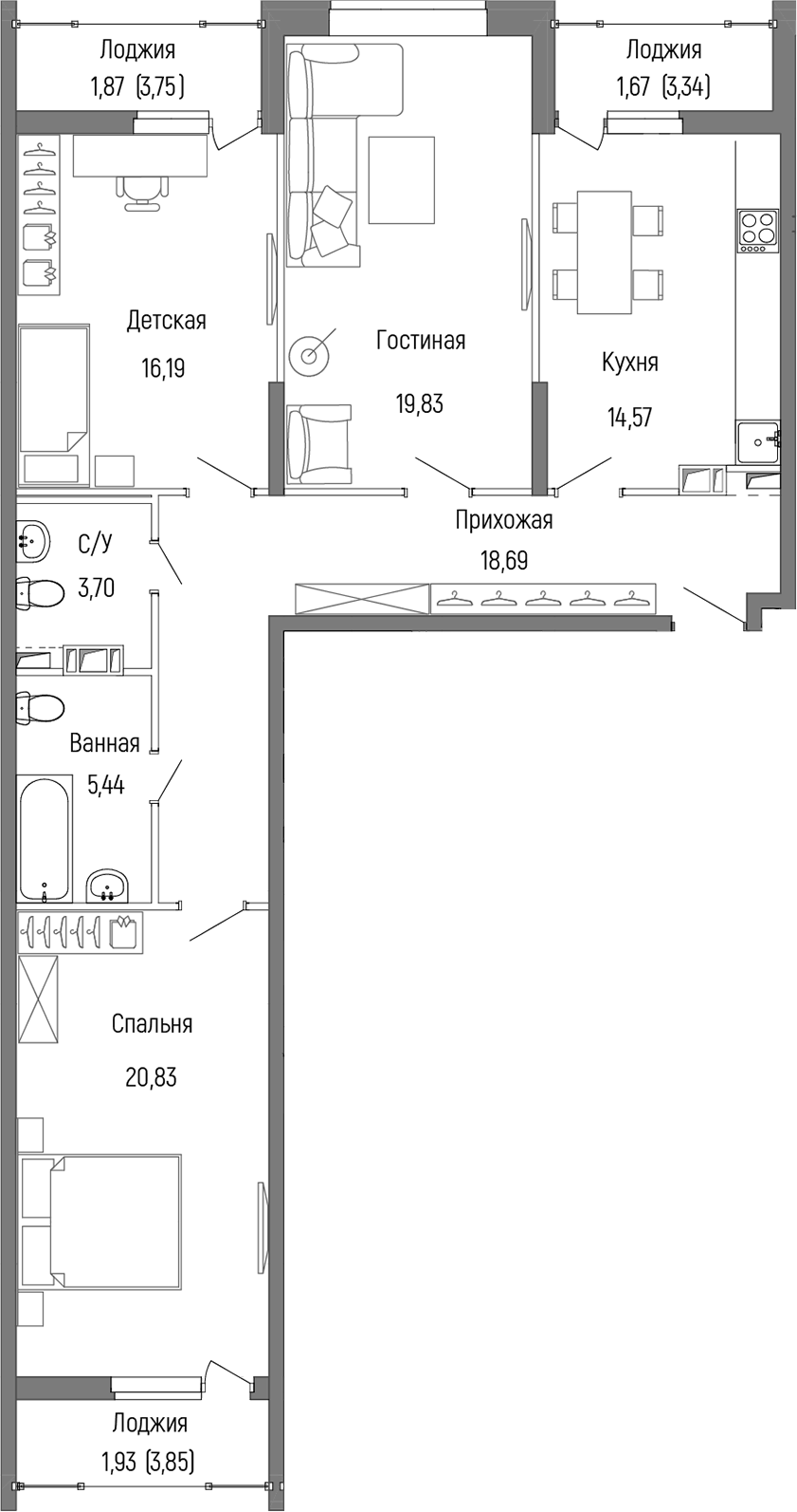 3-комн., 99.26 м², 6/9 этаж, ЖК «Рига Хиллс»