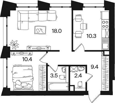 2-комн., 54 м², 17/26 этаж, ЖК «РАКУРС»
