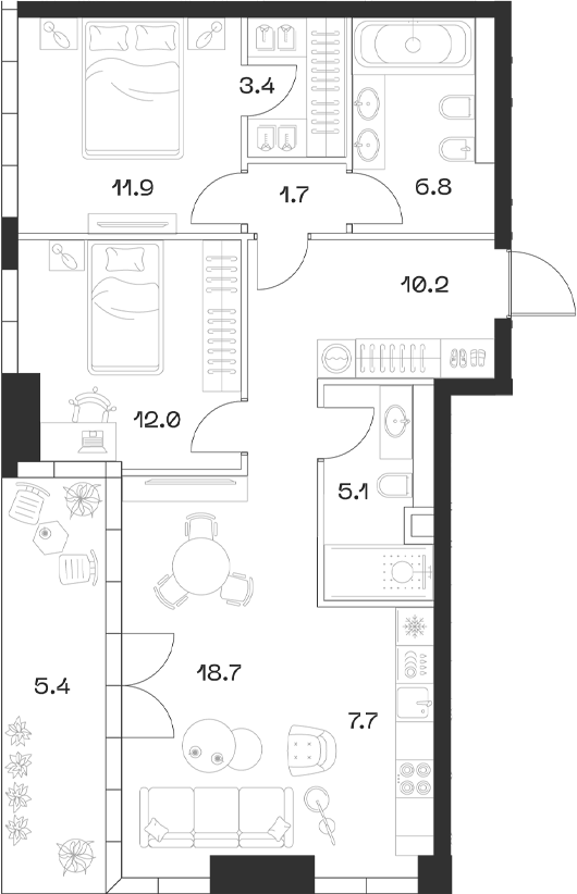 3-комн., 77.3 м², 11/18 этаж, ЖК «SHIFT»