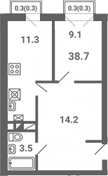 1-комн., 38.1 м², 4/4 этаж, ЖК «Южная Долина»
