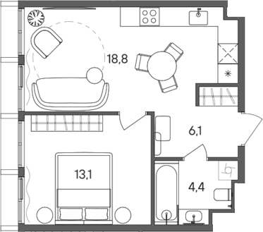 1-комн., 42.4 м², 26/28 этаж, ЖК «СТОУН Сокольники»
