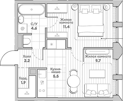 2-комн., 35.3 м², 4/13 этаж, ЖК «НАТИВ»