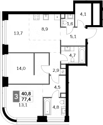3-комн., 77.4 м², 18/47 этаж, ЖК «Амбер Сити»