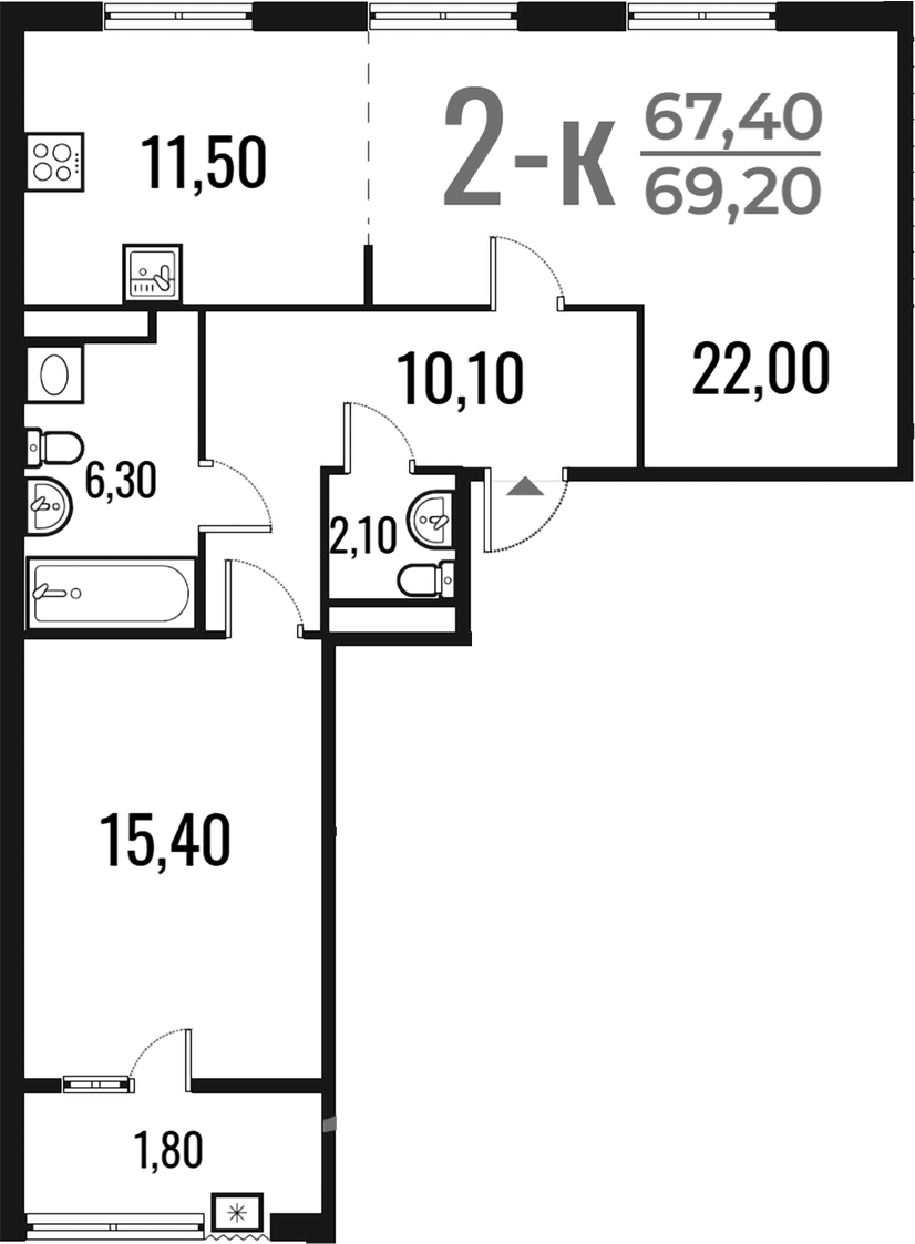 2-комн., 67.4 м², 4/7 этаж, ЖК «Новое Летово»