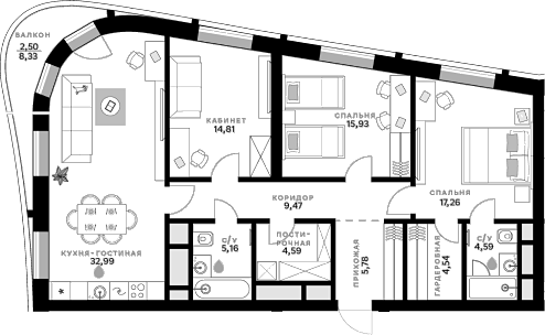 3-комн., 115.12 м², 5/11 этаж, ЖК «СберСити»