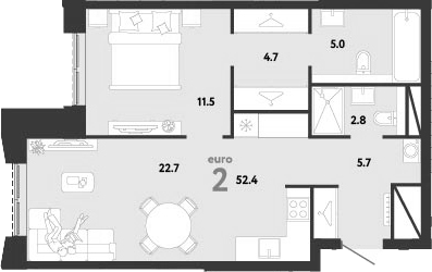 2-комн., 52.4 м², 27/29 этаж, ЖК «Страна.Заречная»