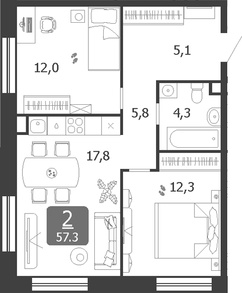 3-комн., 57.3 м², 19/19 этаж, ЖК «Шагал»