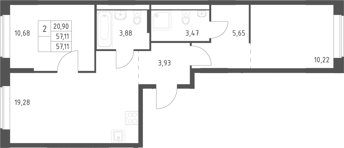 3-комн., 57.11 м², 8/12 этаж, ЖК «Большое Юрлово»