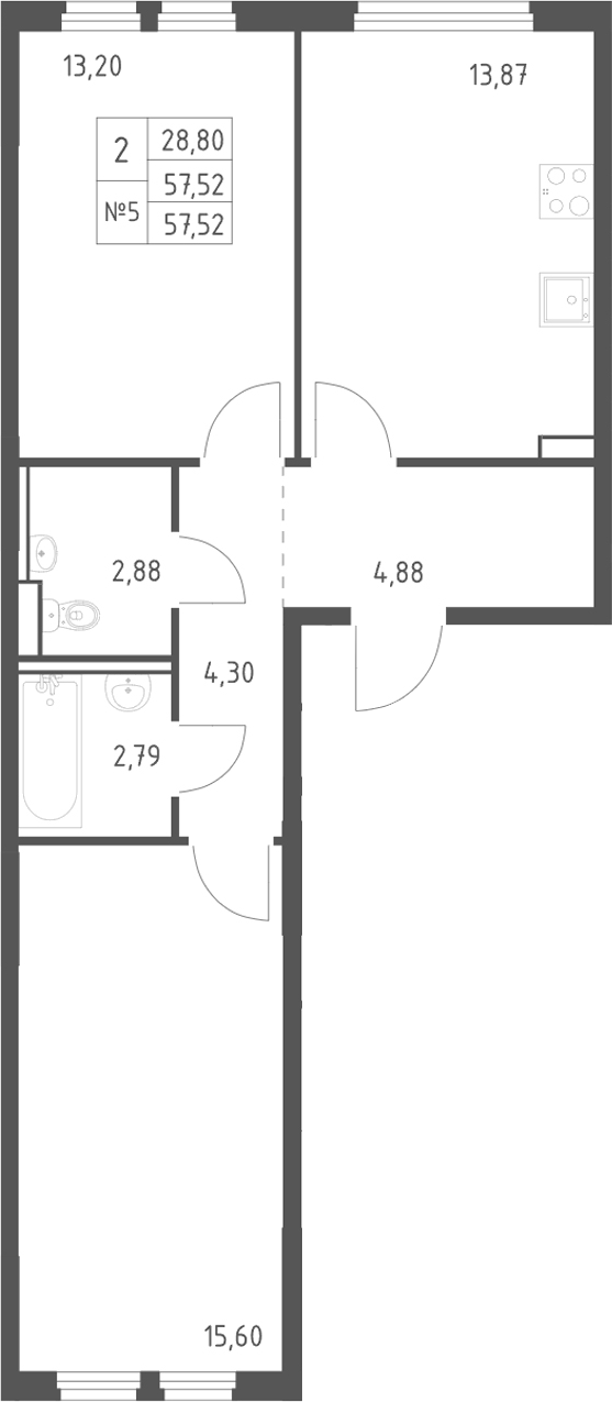 2-комн., 57.52 м², 8/15 этаж, ЖК «Пригород Лесное»