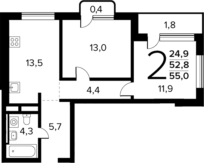 2-комн., 52.8 м², 13/14 этаж, ЖК «Новые Ватутинки Квартал у реки»