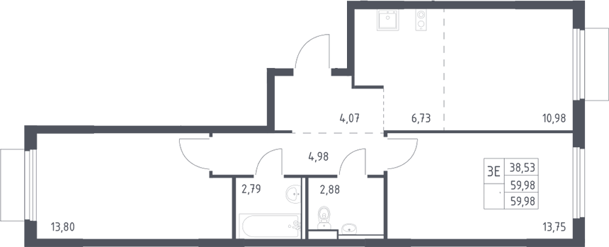 3-комн., 59.98 м², 17/17 этаж, ЖК «Пригород Лесное»