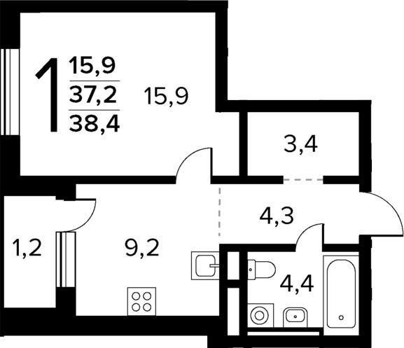 1-комн., 37.2 м², 14/14 этаж, ЖК «Новые Ватутинки Квартал у реки»
