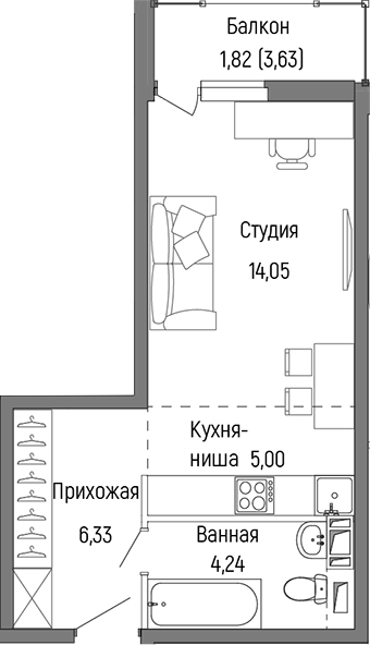 Студия, 29.62 м², 6/9 этаж, ЖК «Рига Хиллс»