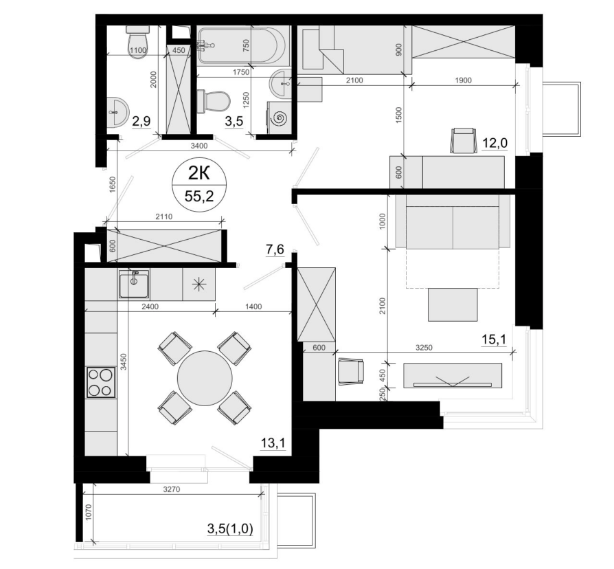 2-комн., 54.7 м², 2/10 этаж, ЖК «Одинцовские Кварталы Эволюция»