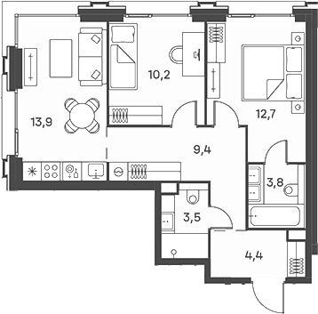 3-комн., 57.2 м², 22/29 этаж, ЖК «Портленд»