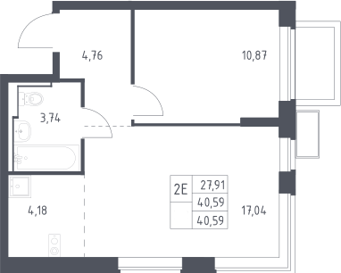 2-комн., 40.59 м², 12/17 этаж, ЖК «Новое Видное»