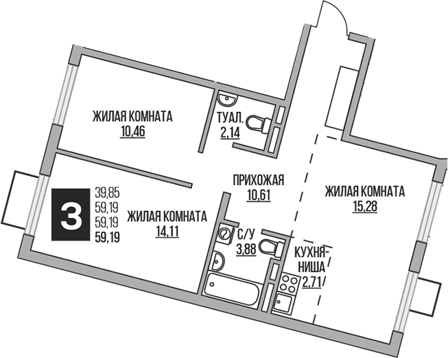 3-комн., 59.19 м², 2/4 этаж, ЖК «Гранель Аникеевский»