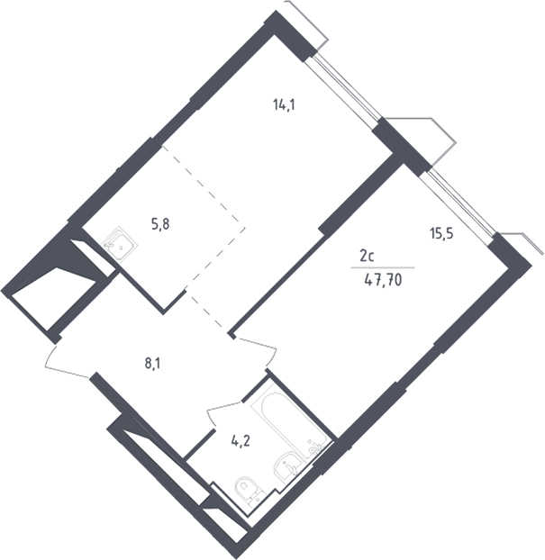 2-комн., 47.7 м², 9/30 этаж, ЖК «Скай Спутник»