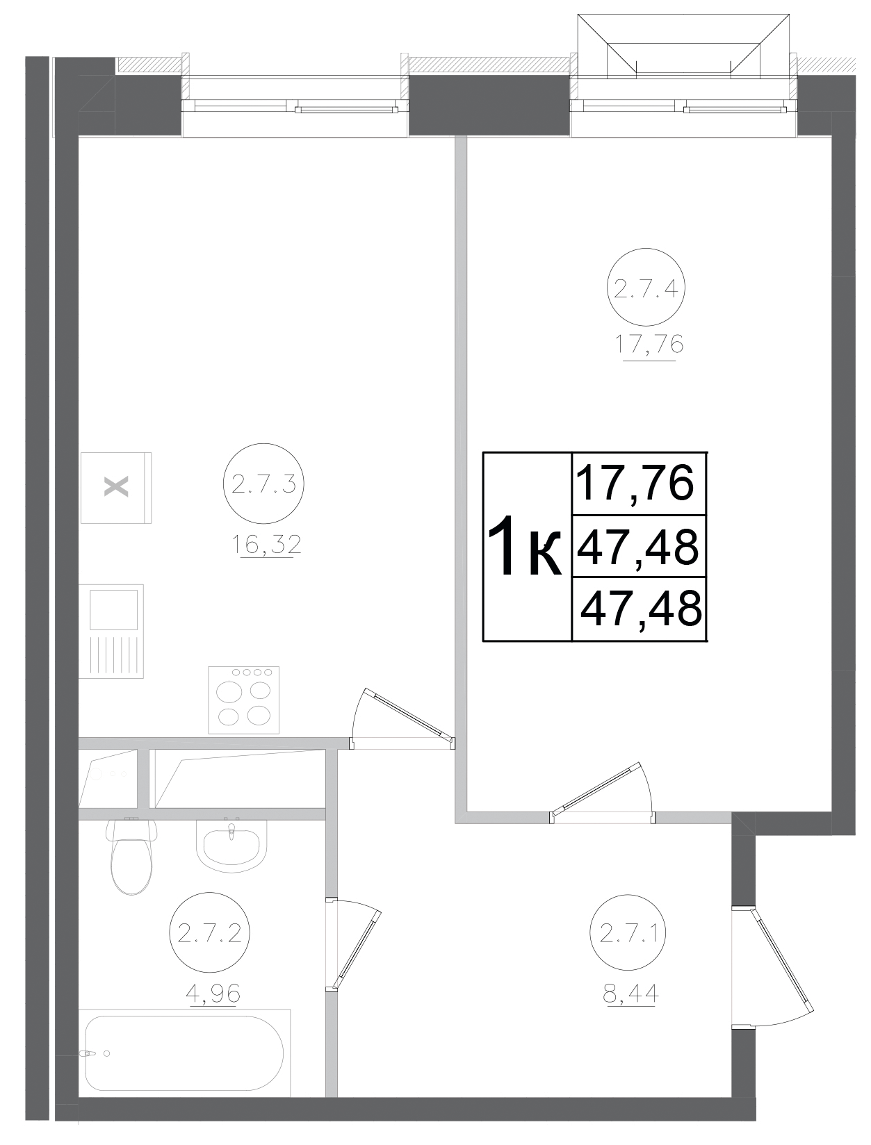 1-комн., 47.48 м², 14/17 этаж, ЖК «Авиатор-2»