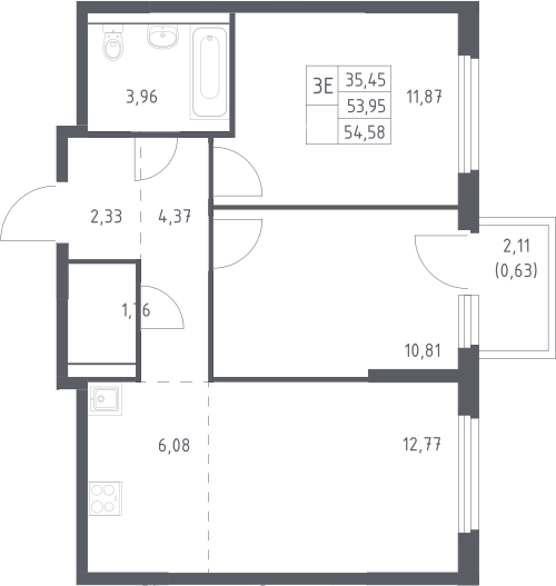 3-комн., 53.95 м², 16/17 этаж, ЖК «Пригород Лесное»