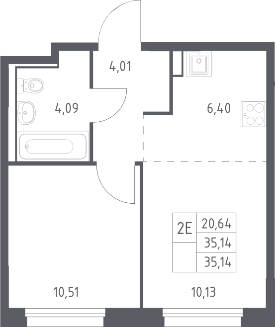 2-комн., 35.14 м², 2/13 этаж, ЖК «Прибрежный Парк»