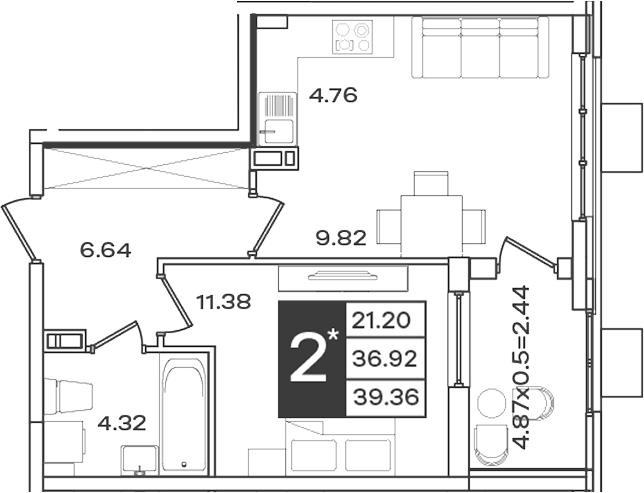 2-комн., 36.92 м², 7/9 этаж, ЖК «Сюжеты»
