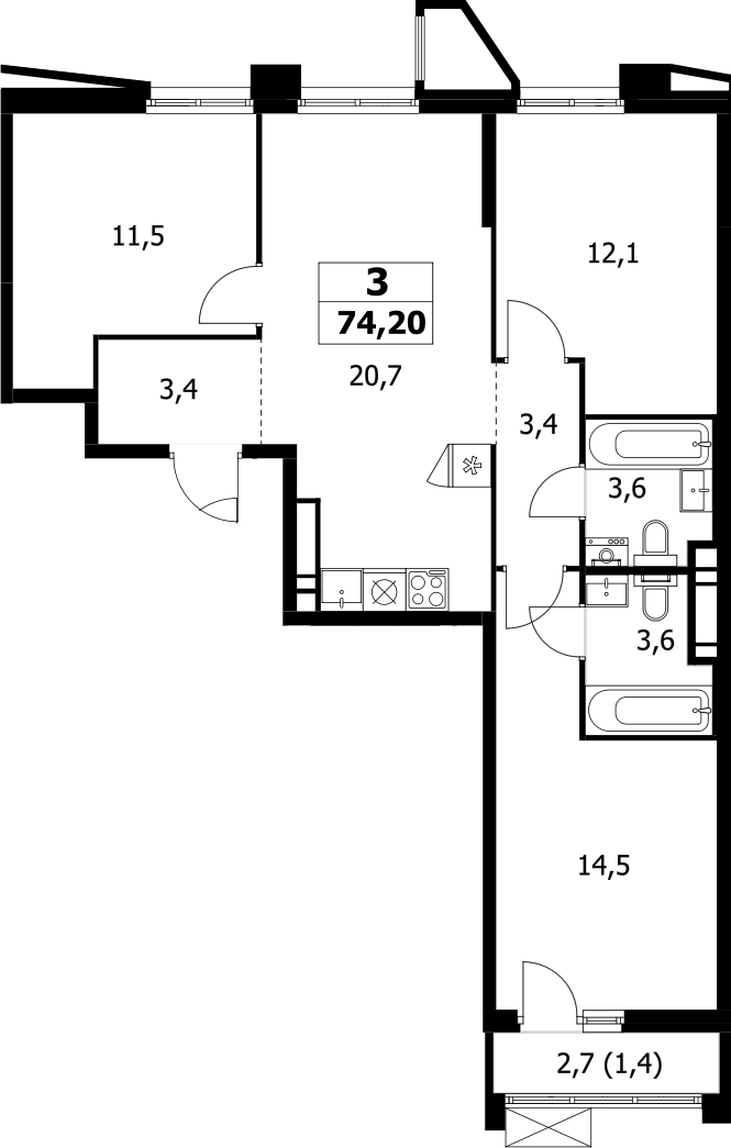 3-комн., 72.8 м², 15/17 этаж, ЖК «Прокшино»