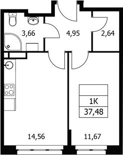 1-комн., 37.48 м², 4/21 этаж, ЖК «Волковская 67»