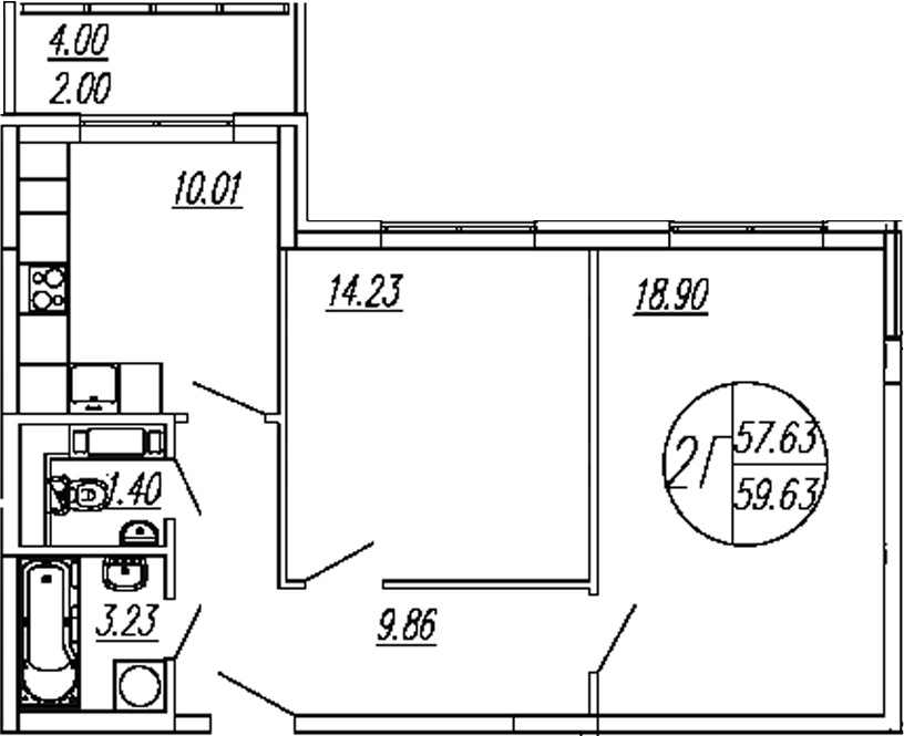 2-комн., 57.63 м², 4/4 этаж, ЖК «Шолохово»