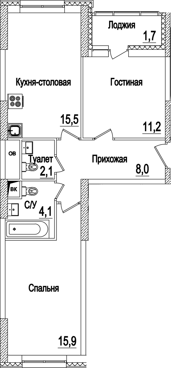 3-комн., 57 м², 21/22 этаж, ЖК «Рассказово»