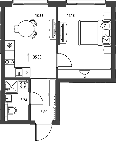 1-комн., 35.33 м², 8/19 этаж, ЖК «Страна.Парковая»