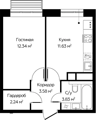 1-комн., 33.62 м², 22/22 этаж, ЖК «Новоград Павлино»