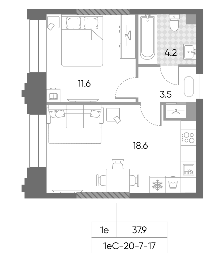 2-комн., 37.9 м², 11/43 этаж, ЖК «ЗилАрт»