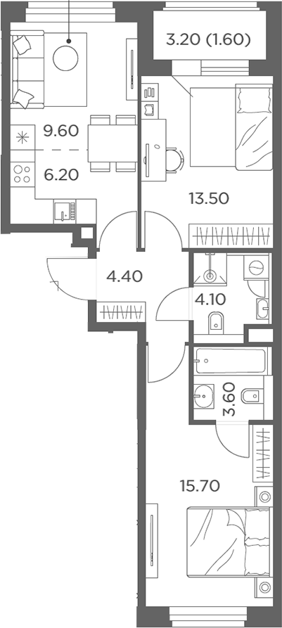 3-комн., 57.1 м², 11/20 этаж, ЖК «Белый Град»
