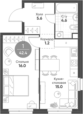 2-комн., 42.4 м², 2/5 этаж, ЖК «Шагал»