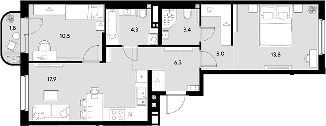 2-комн., 61.2 м², 4/9 этаж, ЖК «Грейд»