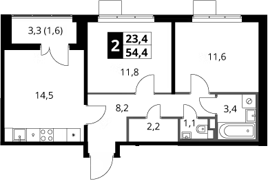 2-комн., 52.8 м², 14/14 этаж, ЖК «1-й Химкинский»