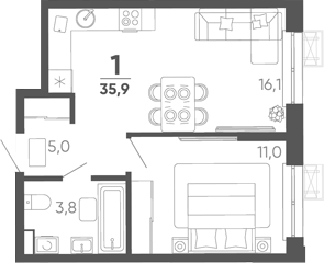 1-комн. квартира, 35.9 м² в ЖК Барса — фото 2