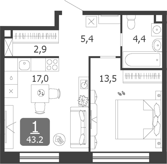 2-комн., 43.2 м², 13/19 этаж, ЖК «Шагал»